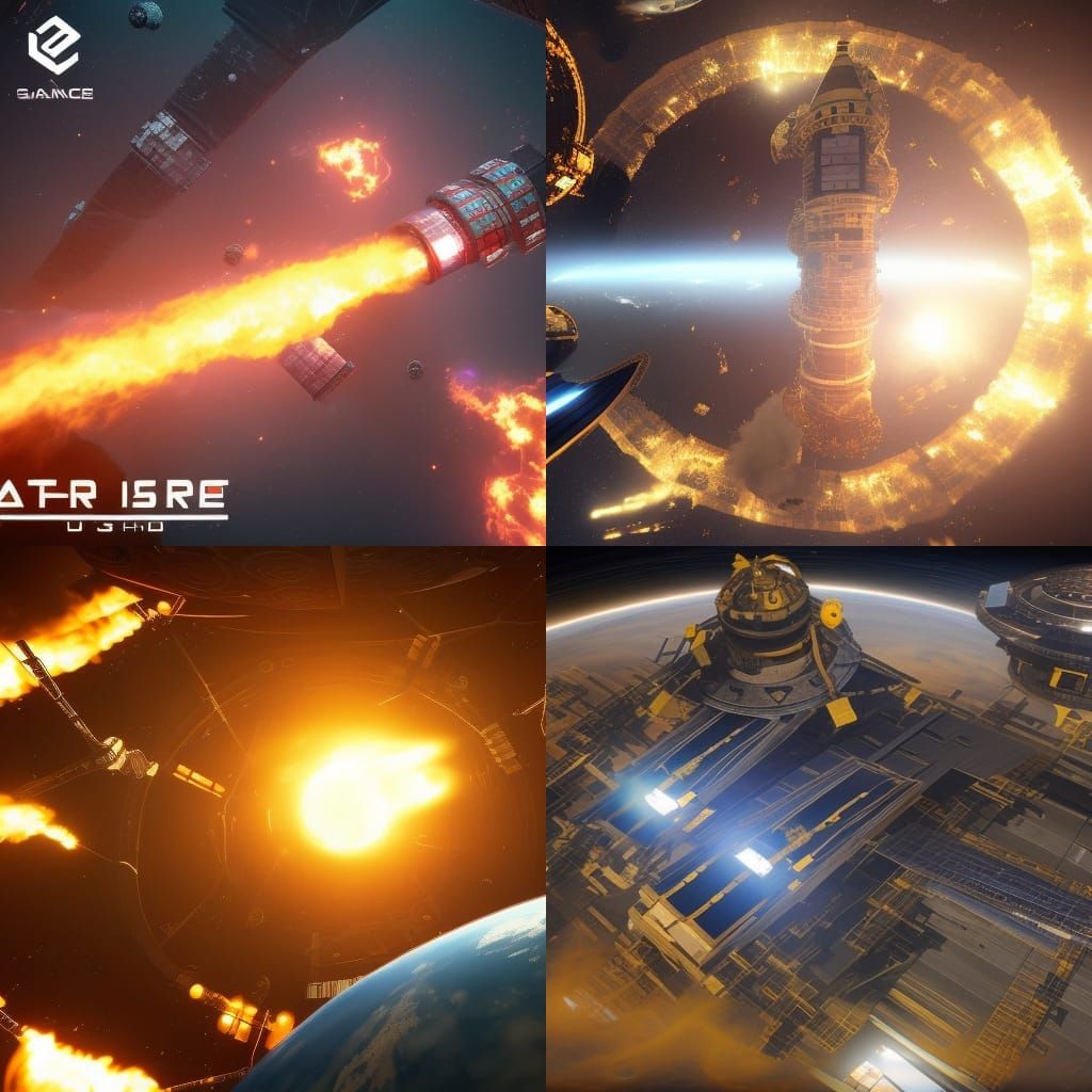 Flaming Space Station with Eight Rings in 3D