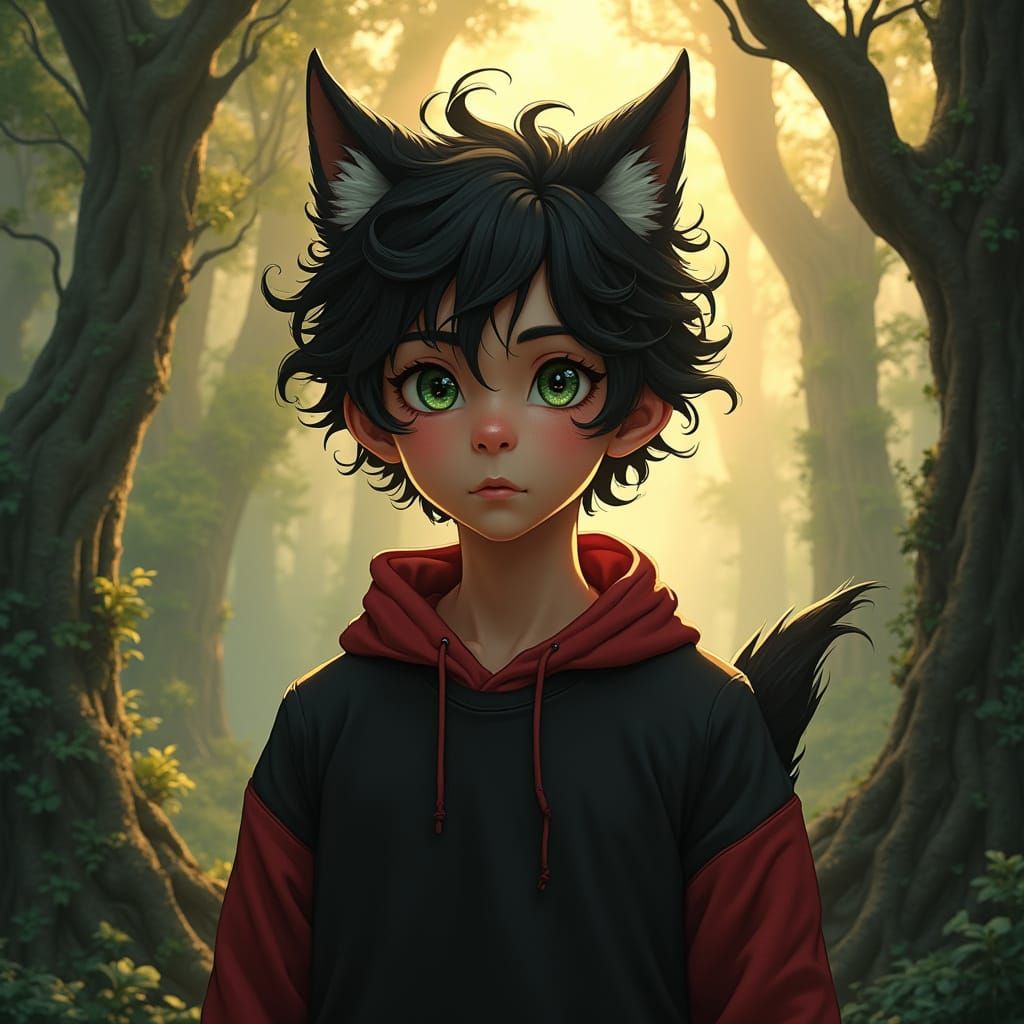 Mystical Youth in Ancient Forest, Cyberpunk Fantasy Style