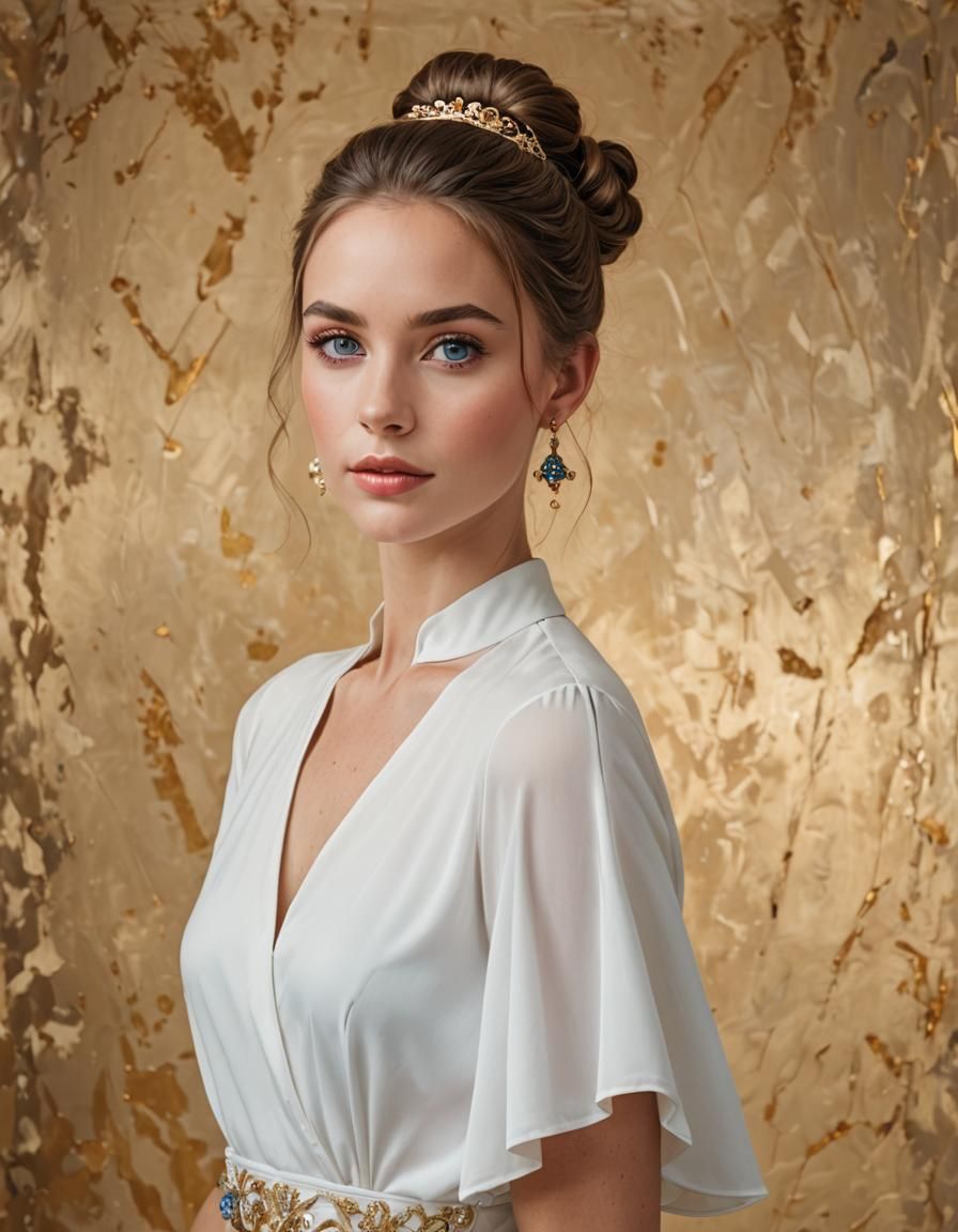 Brunette with Blue Eyes in White Dress