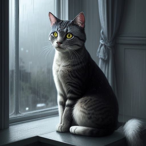 Lonely Cat Gazes at Rain in Digital Painting