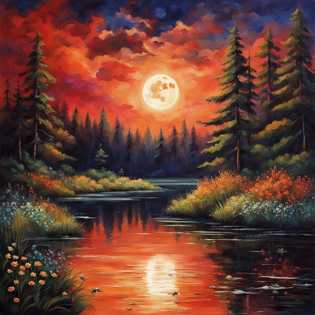 Glowing Moon over Forest River in Oil Painting Style
