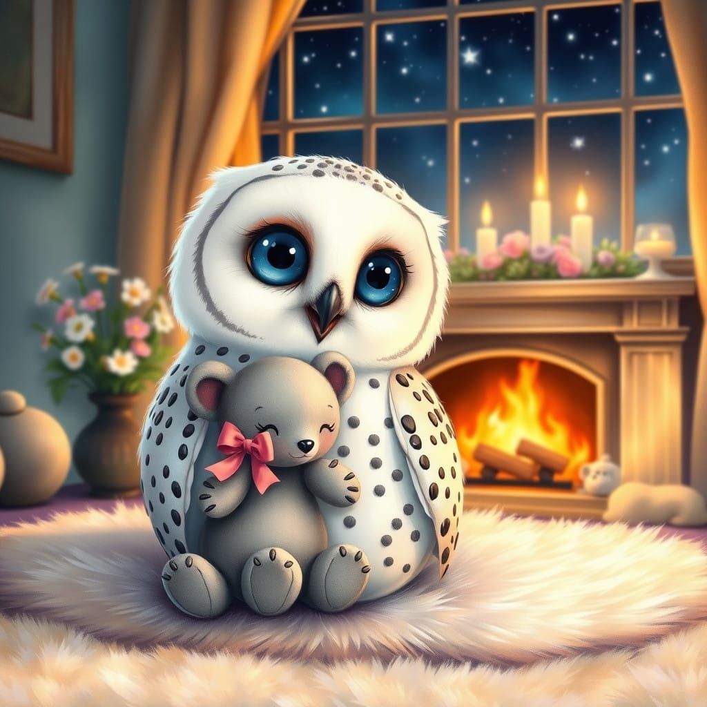 Surreal White Owl Cozies Up with Teddy Mouse amidst Whimsica...