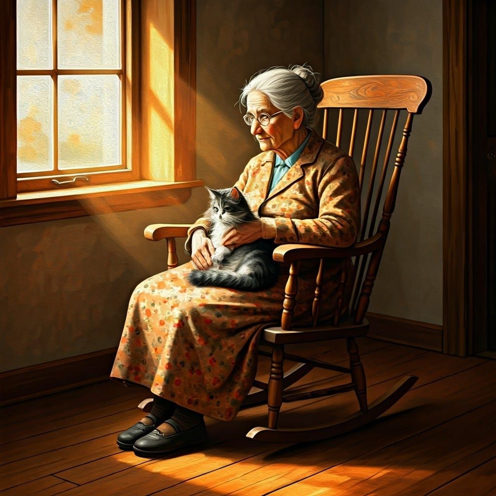 Gentle Old Lady with Kitty in a Rocking Chair