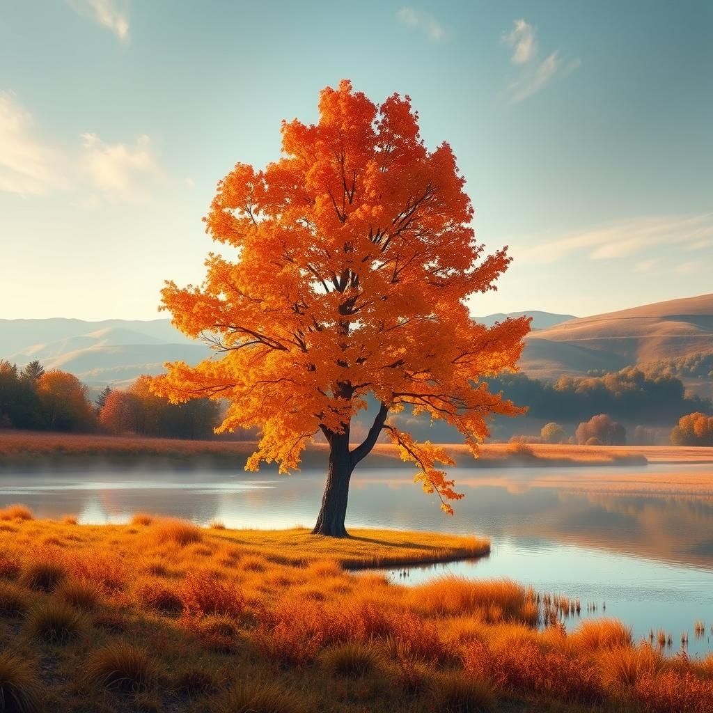 Autumn Tree in Water Paddy, Mystical Landscape