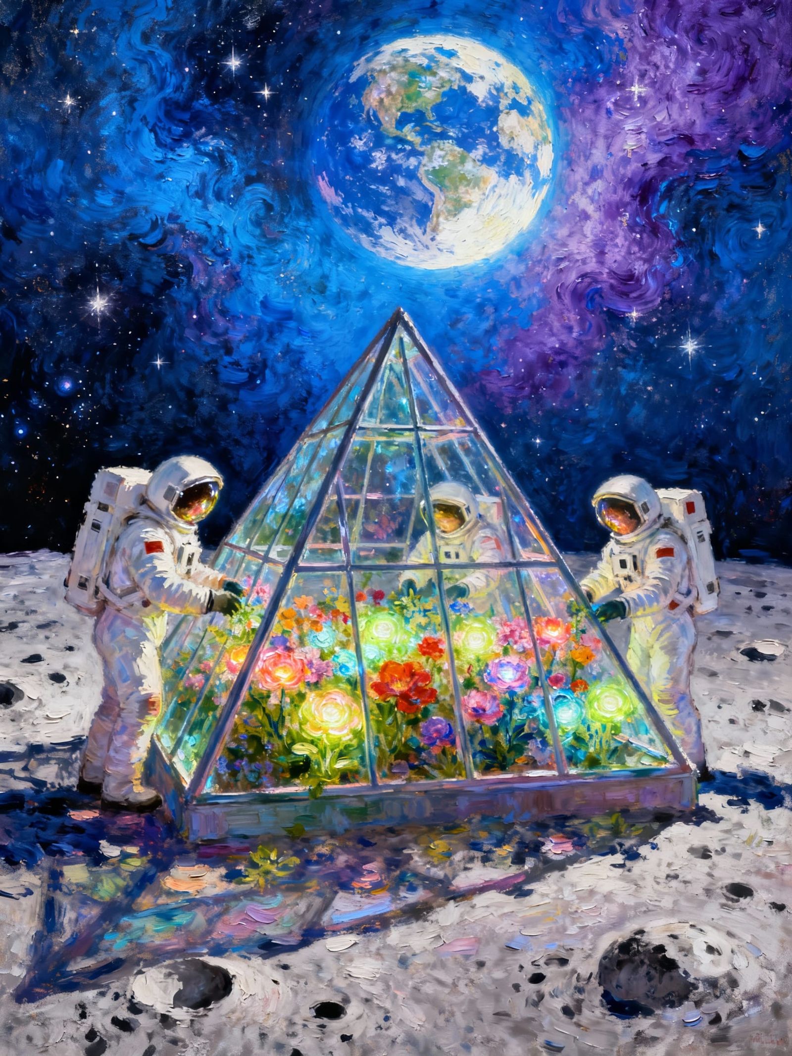 Astronauts Tend Lunar Greenhouse Under Nebula Sky