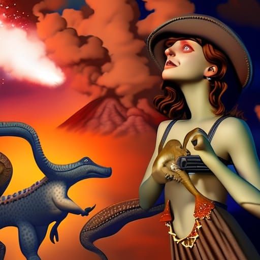 Dark Fantasy: Woman with Blowtorch, Volcanic Dinosaurs