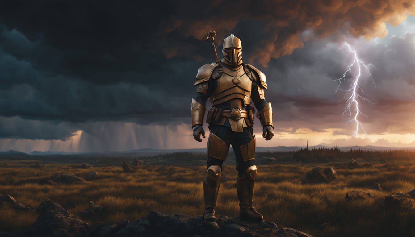 Hero in Dark Landscape: Hyper-Realistic Digital Art