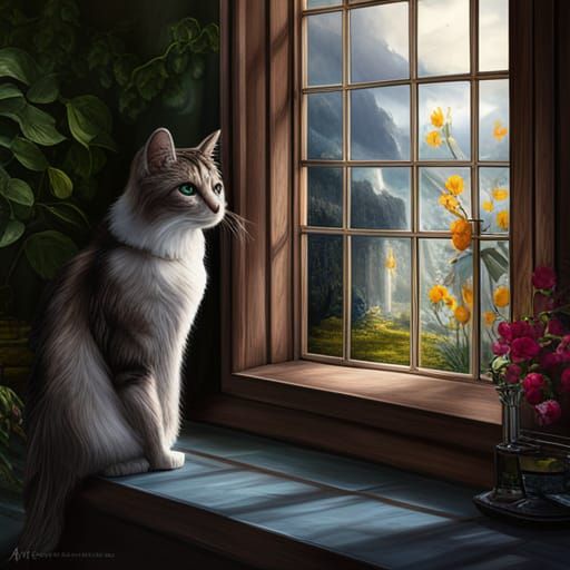 Woman and Cat by Gothic Window, Detailed Matte Painting