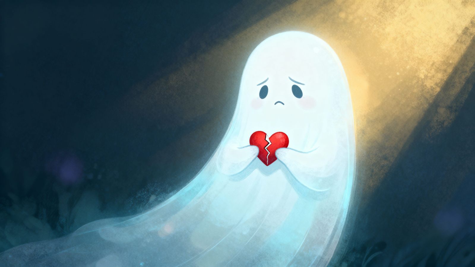 Sad Ghost Holds Cracked Heart in Storybook Style
