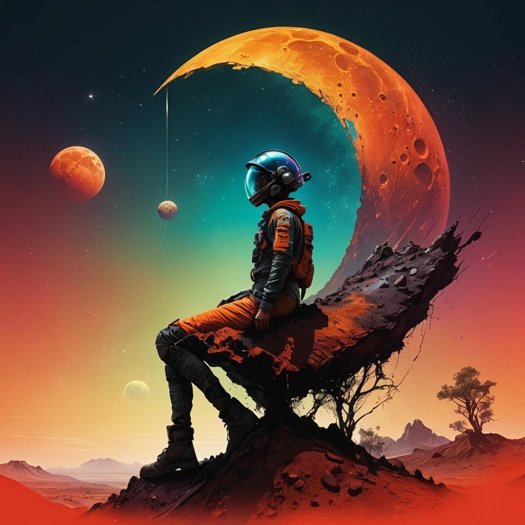 Sci-Fi Boy Gazing at Space on the Moon