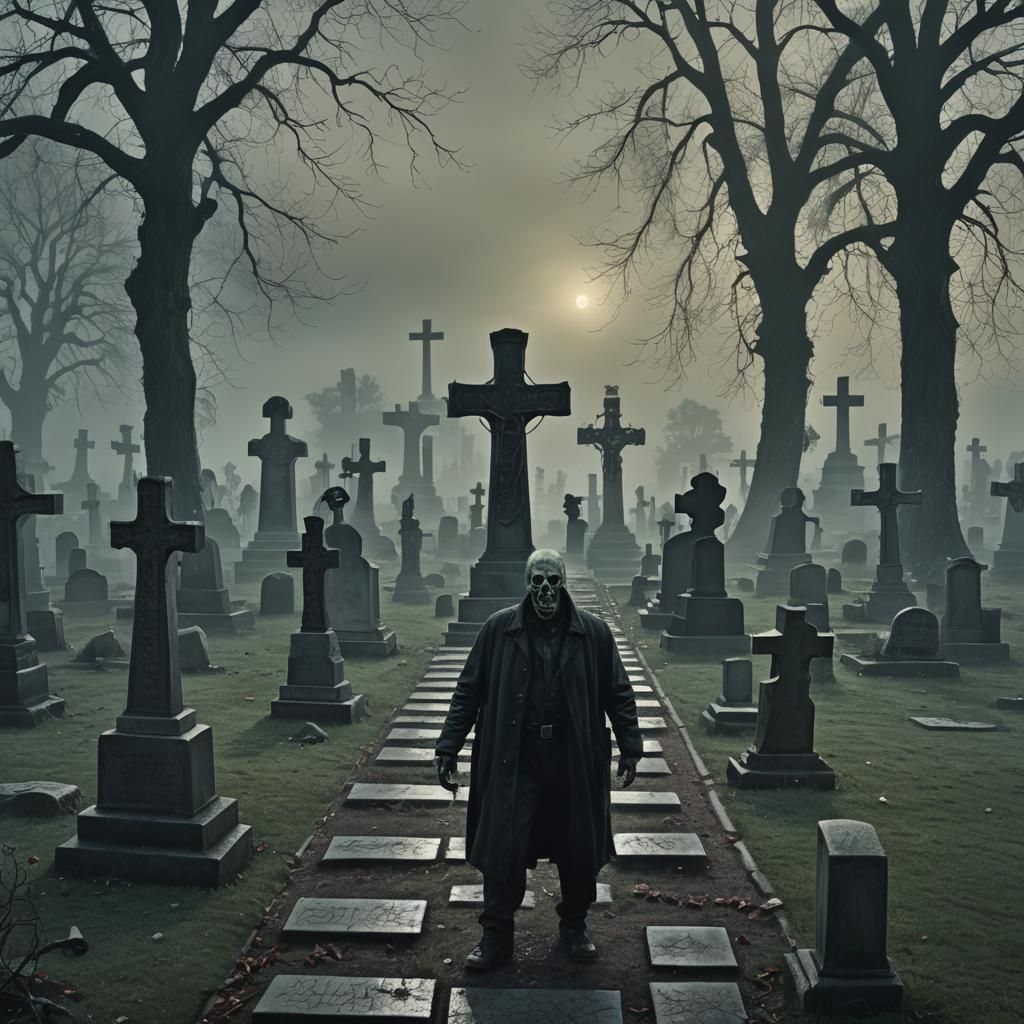 Surreal Zombie Cemetery in Eerie, Desaturated Colors
