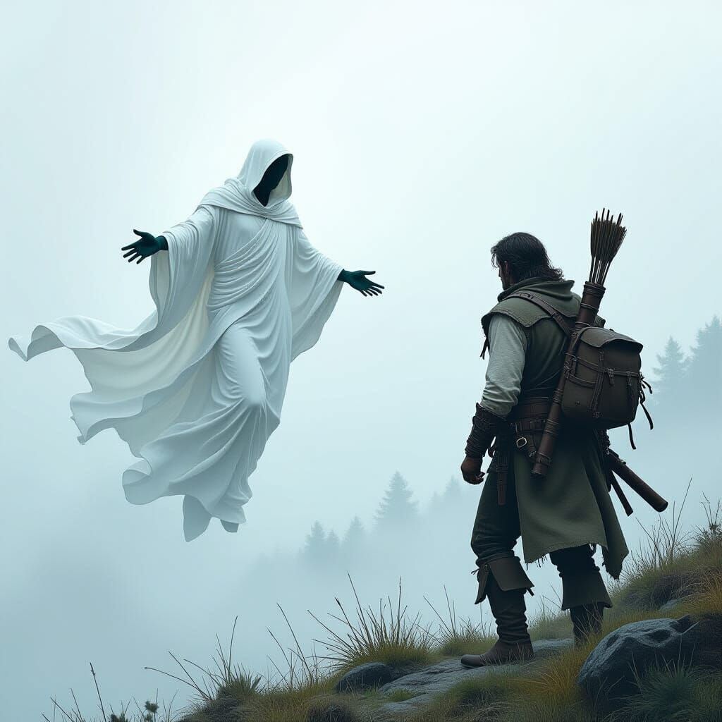 Ethereal Hunter and Spectral Figure in Misty Sky