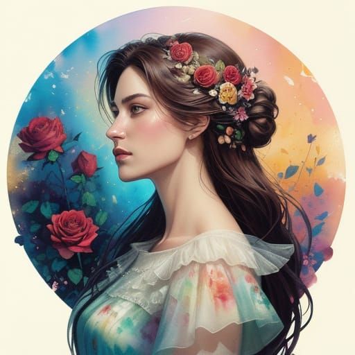Woman Adorned With Roses In Dreamy Watercolor Style