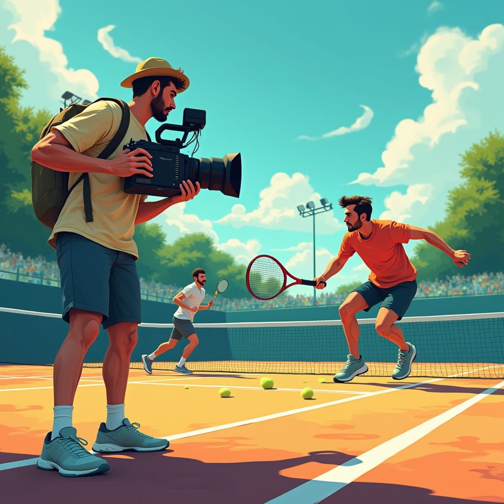 Tennis Match Filmed by Cameraman in Vibrant Cartoon Style