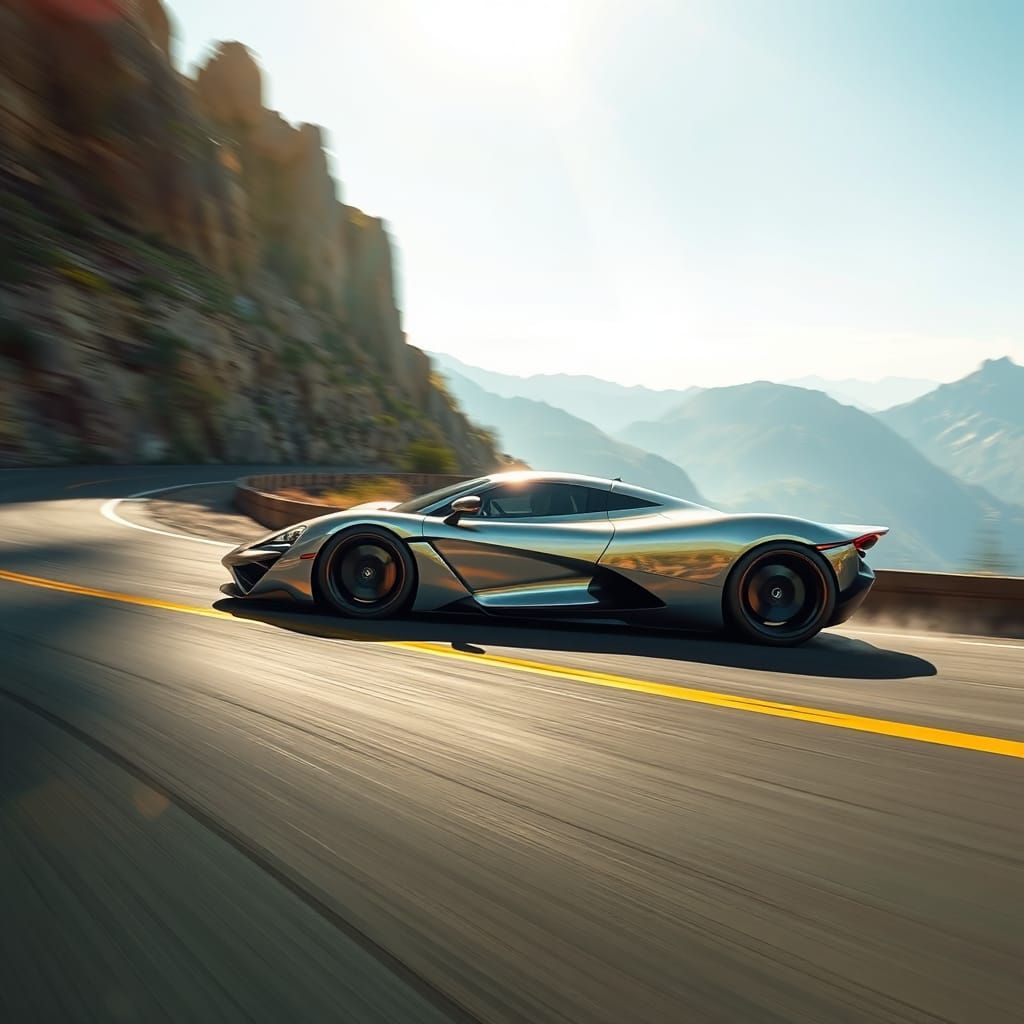 Supercar Speeding Down Mountain Road in Futuristic Style