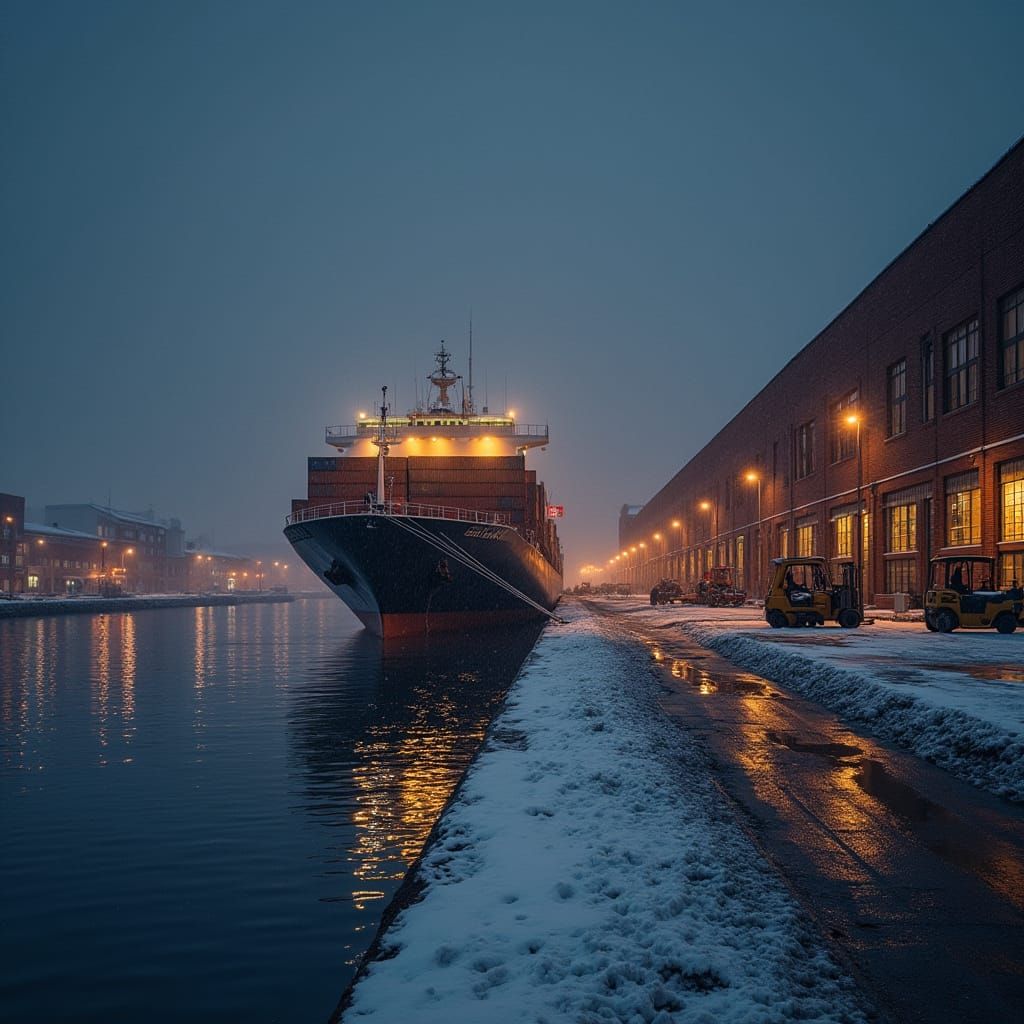 Hyper Realistic Snow Night Harbor Unloading Containership