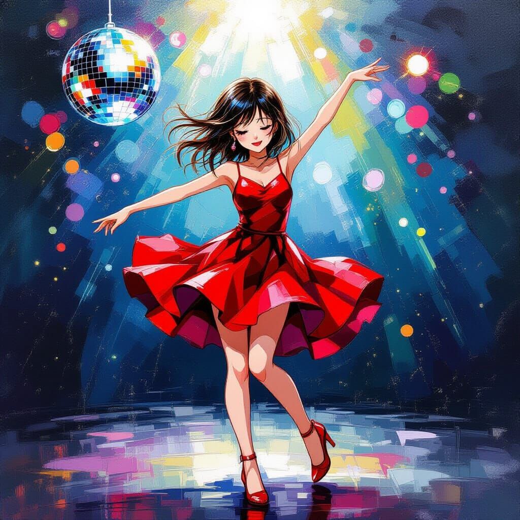 Manga Girl Dancing in Red Dress with Disco Ball Impasto