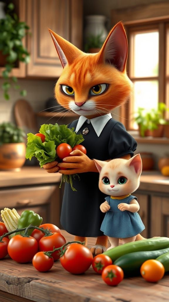 Stylized Feline Friends Share Fresh Harvest in Cozy Kitchen