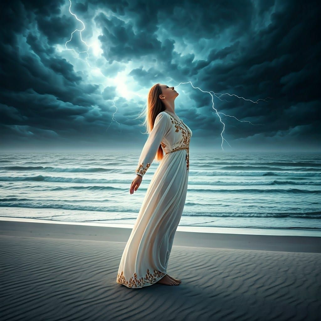 Serene Woman Surrendering to Stormy Shoreline