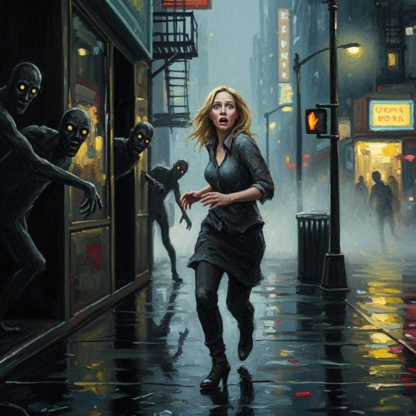 Frightened Woman Flees Dark City Streets