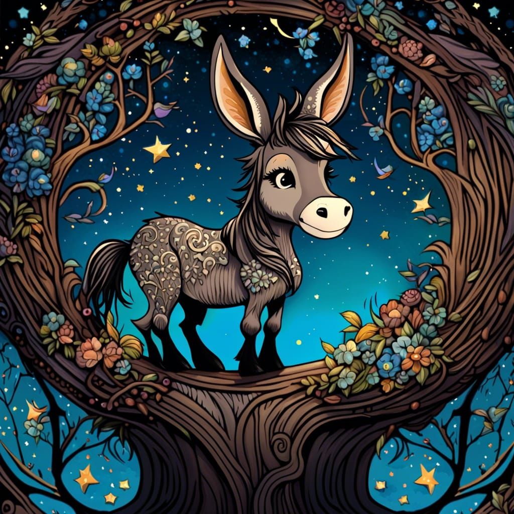 Donkey in Starry Tree: Circular Vector Art