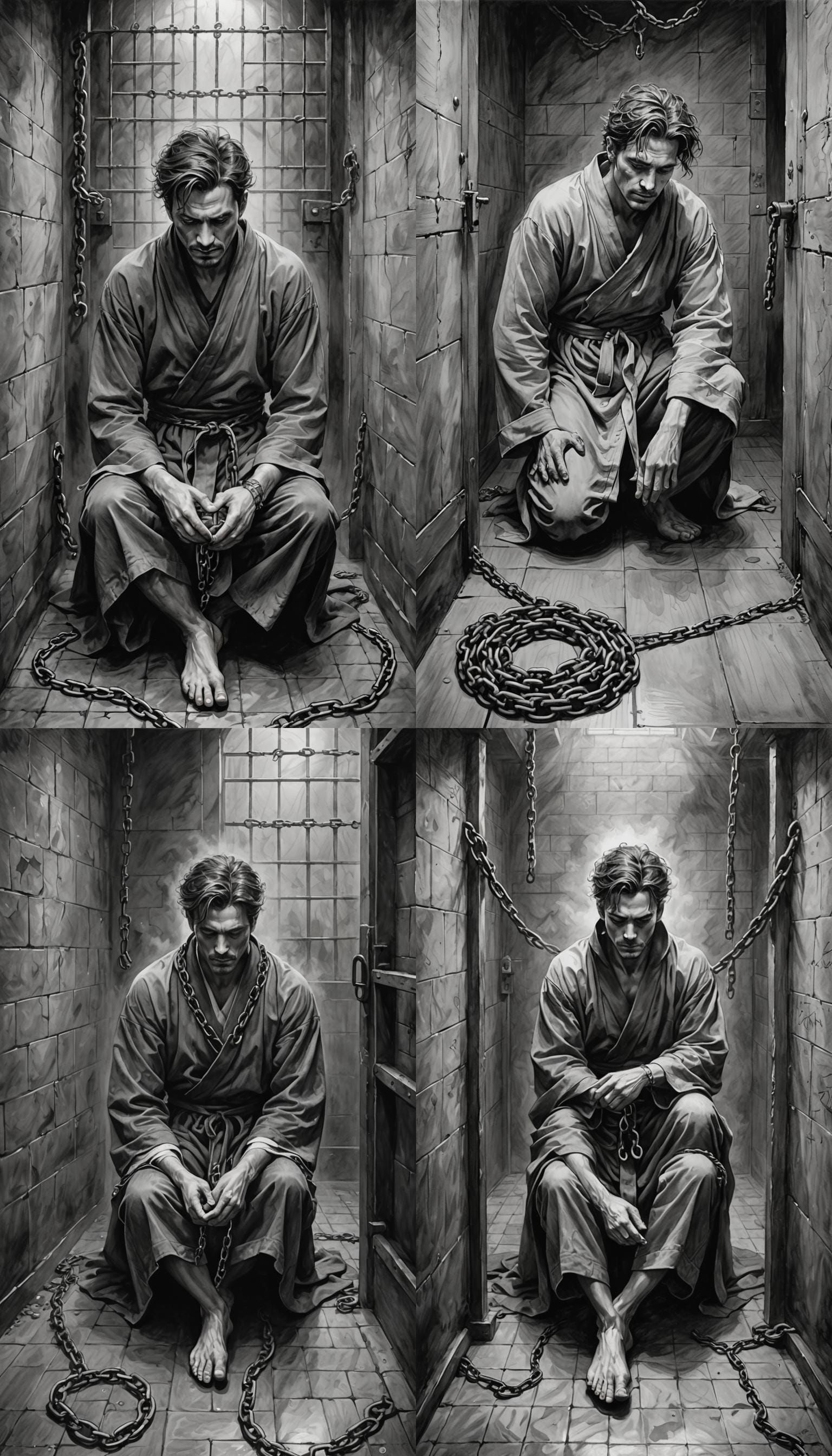 Symbolist Prisoner in Chains Crouching in Cell