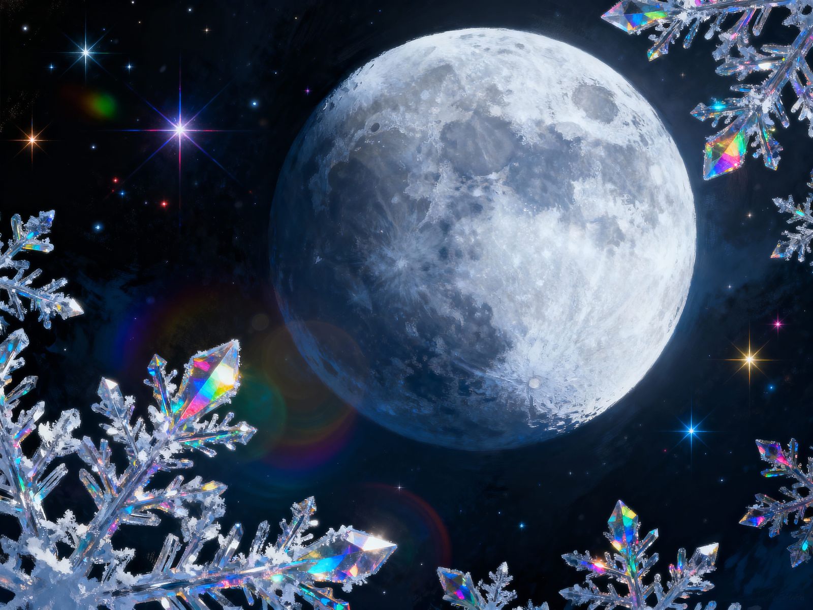 Night Sky with Rainbow Snowflakes and Bright Moon