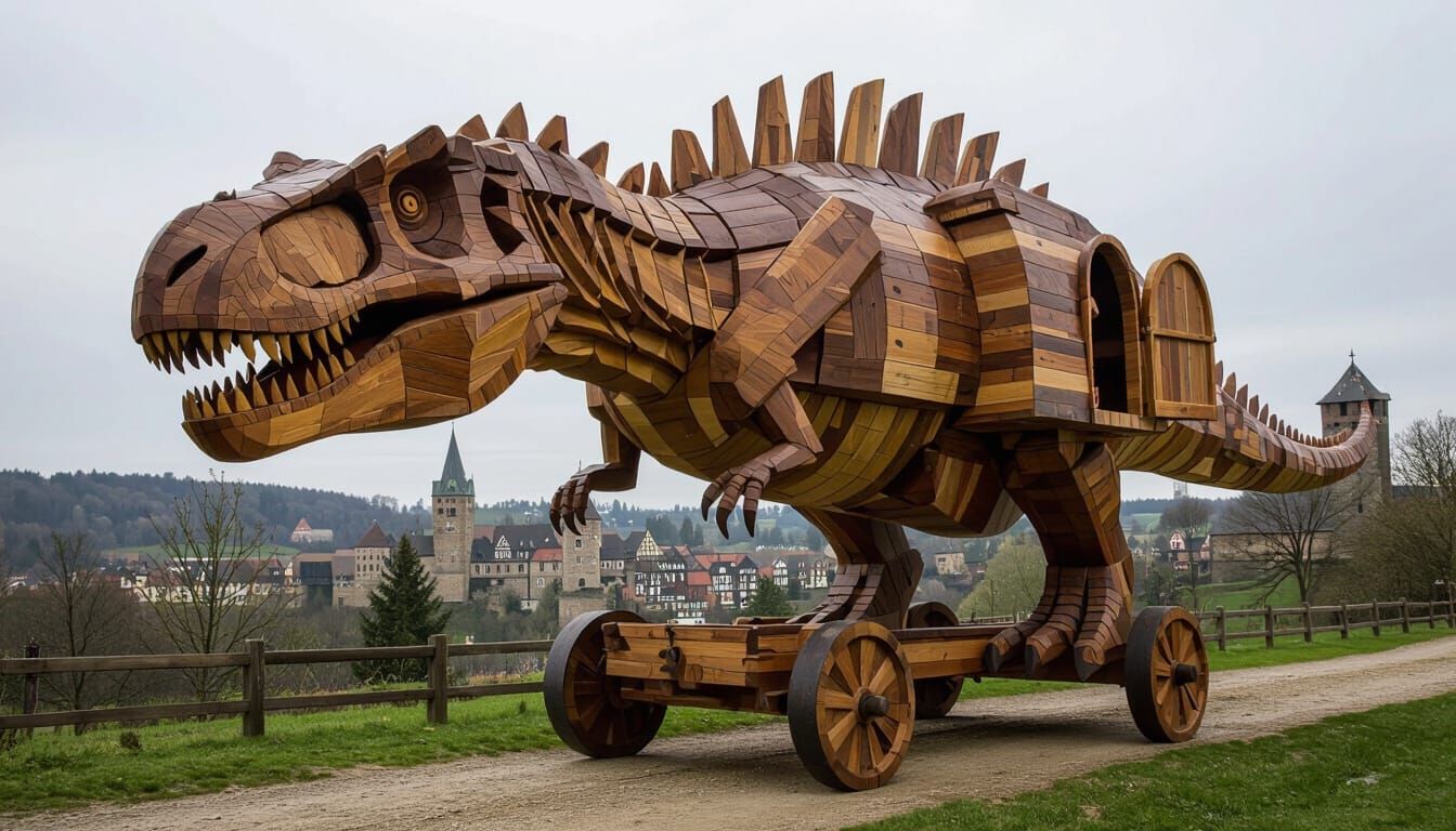 Handcrafted Wooden Tyrannosaur Sculpture on Wheels