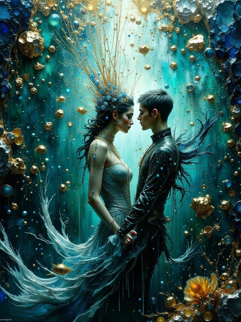 Man Mesmerized by Siren Underwater in Oil Painting Style