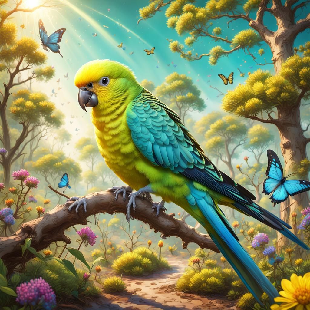 Vibrant Parakeet in Sunny Glade: Fantasy Concept Art