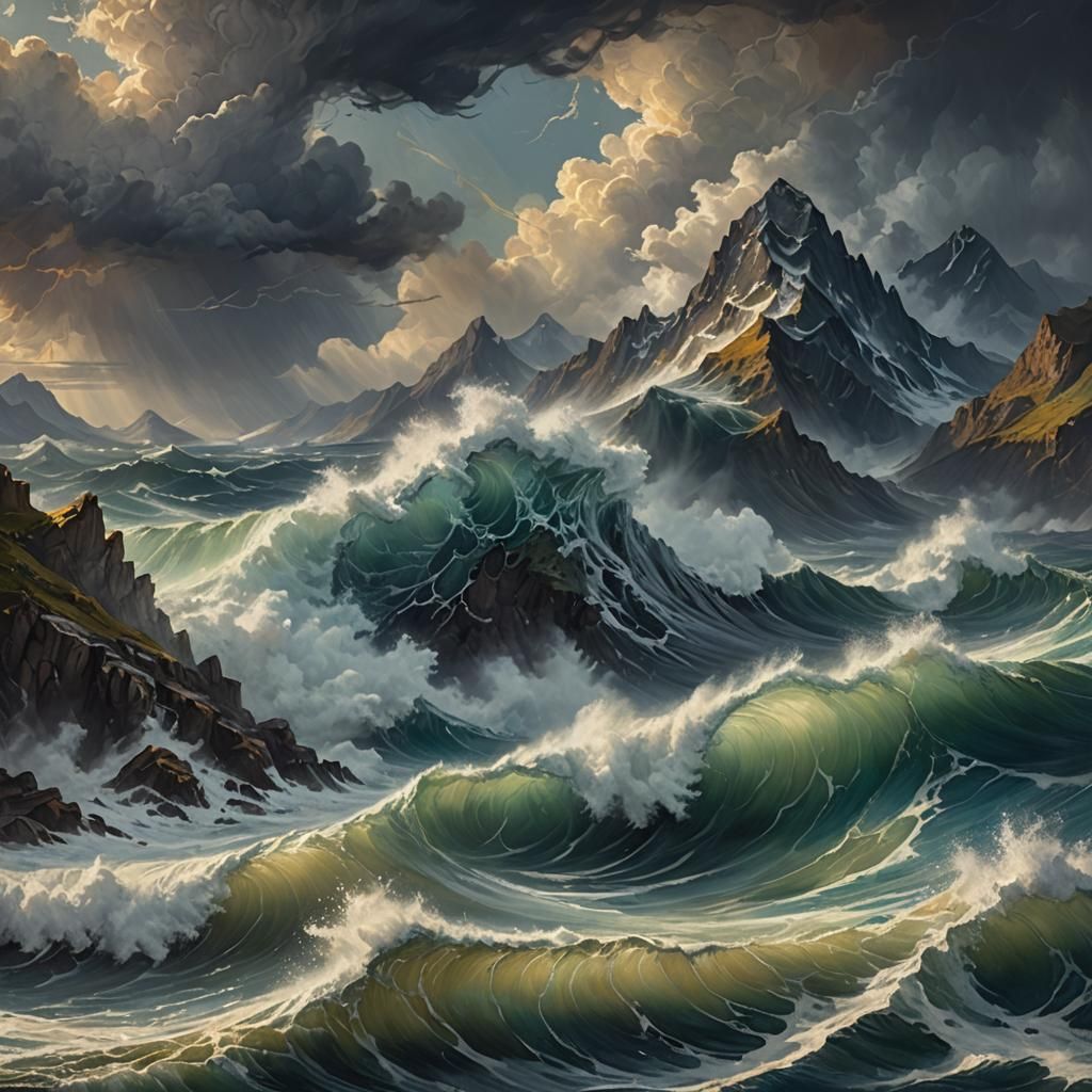 Stormy Sea Crashing Over Mountain Peaks in Oil Painting Styl...