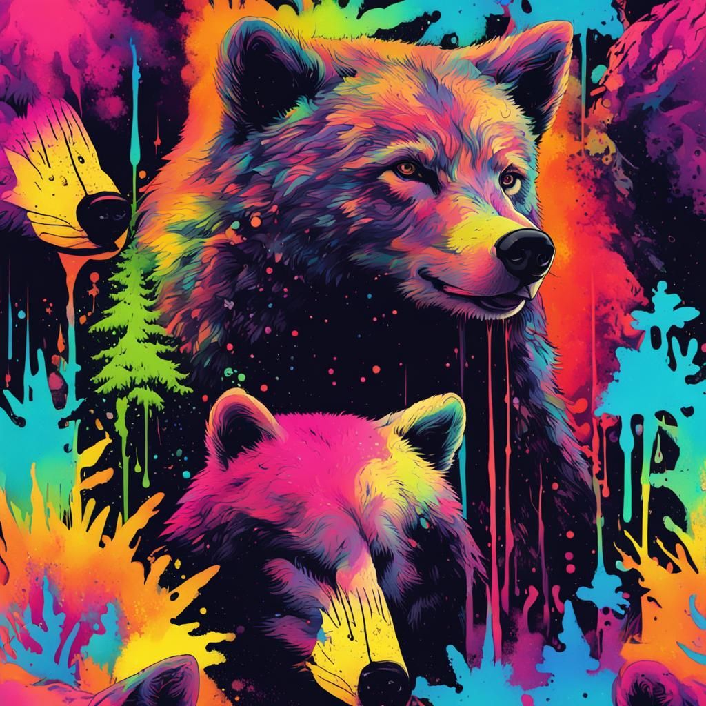 Psychedelic Splatter Art: Bear, Wolf, and Fox