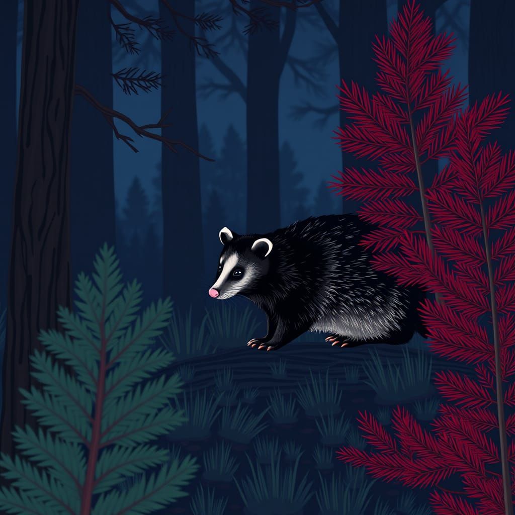 A Virginia opossum, solitary, in a twilight woodland surroun...