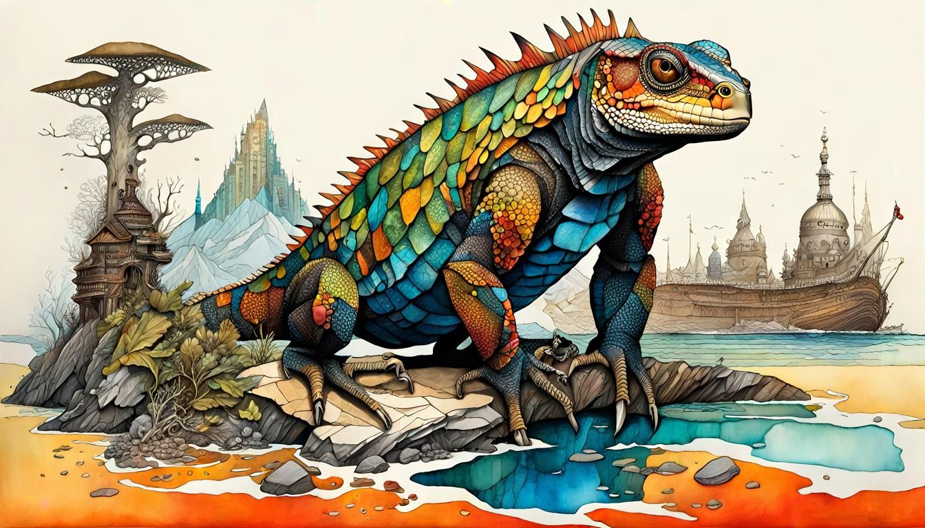 Pirate Ship Sunset Collage in Mixed Media Style