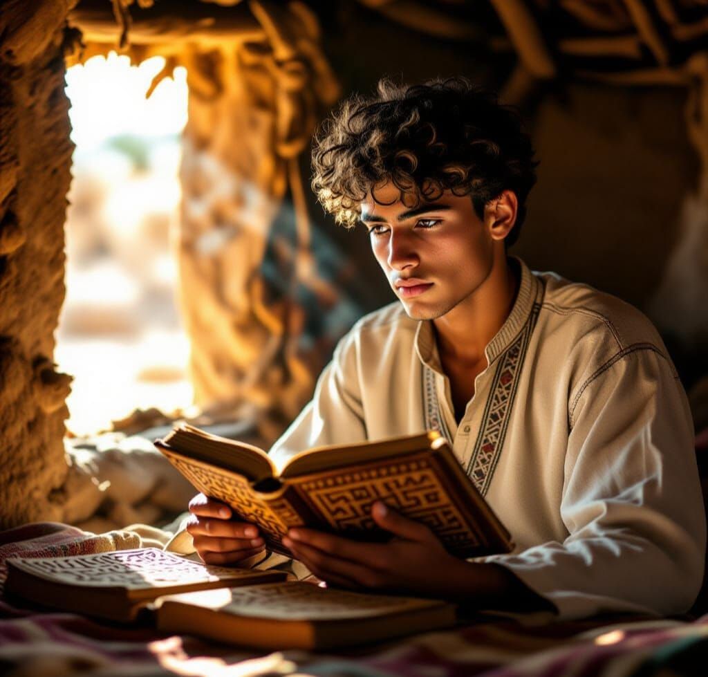 Young Berber Scholar Studying Ancient Scripts