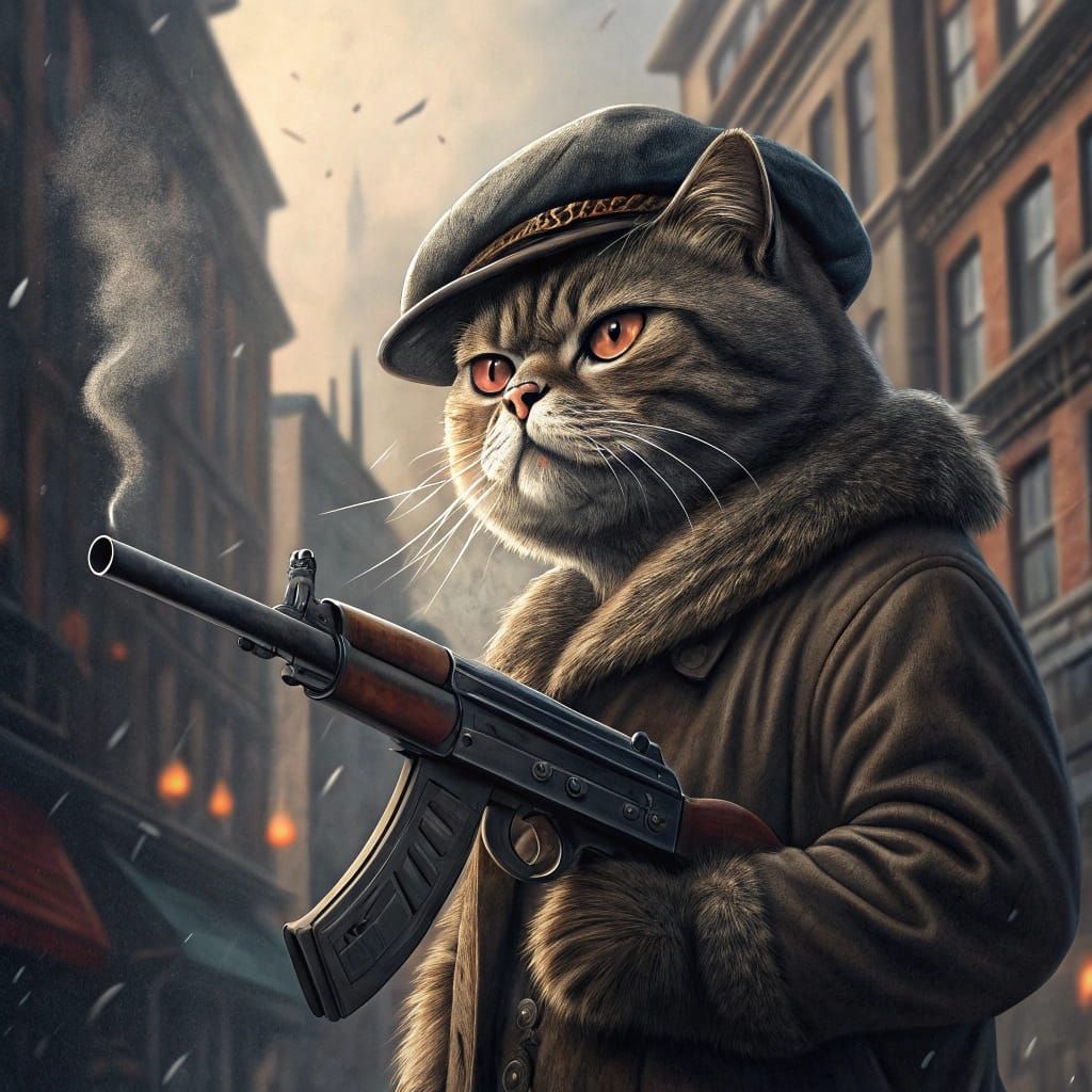 Gangster Scottish Fold Cat with Tommy Gun