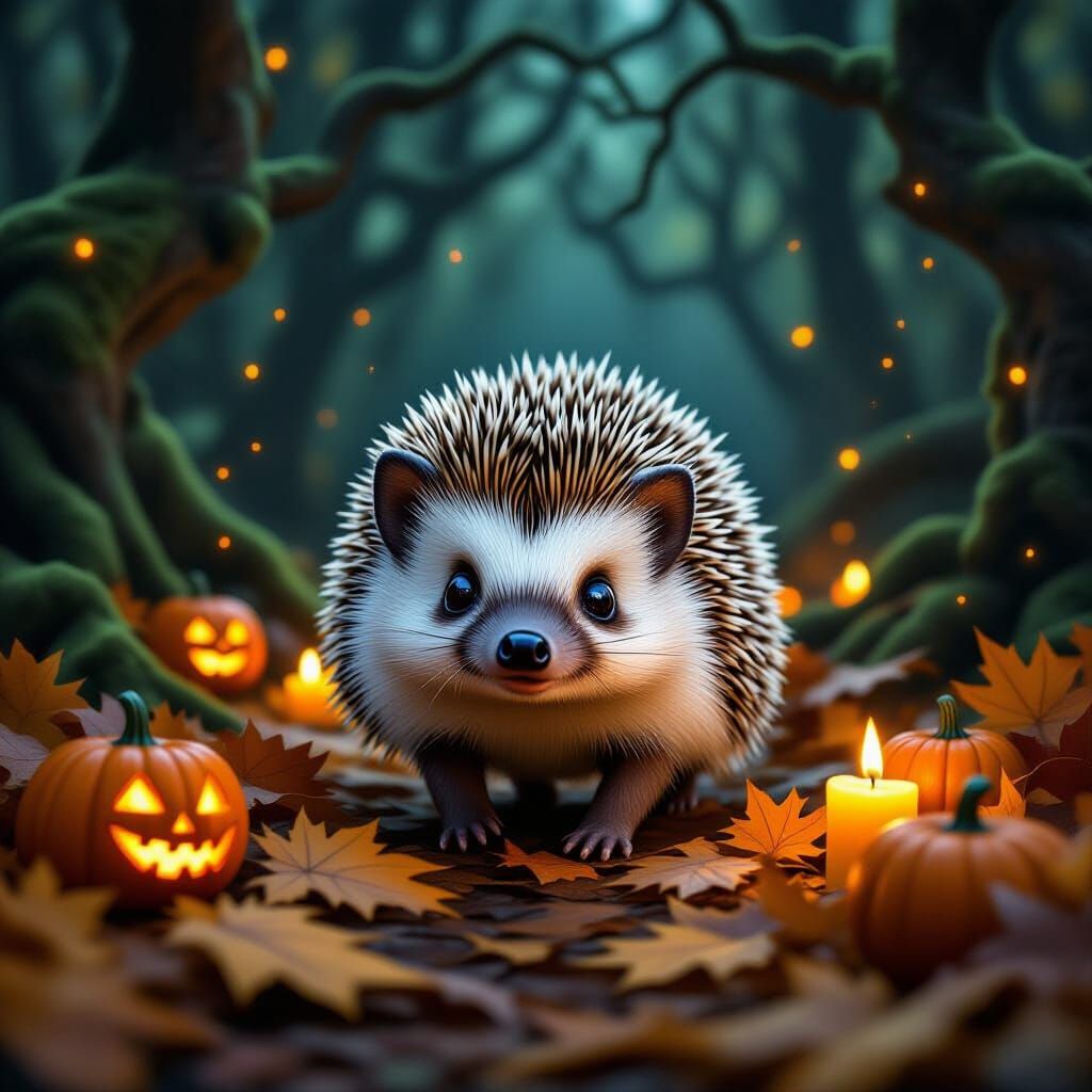 Cute Hedgehog in Enchanting Halloween Forest