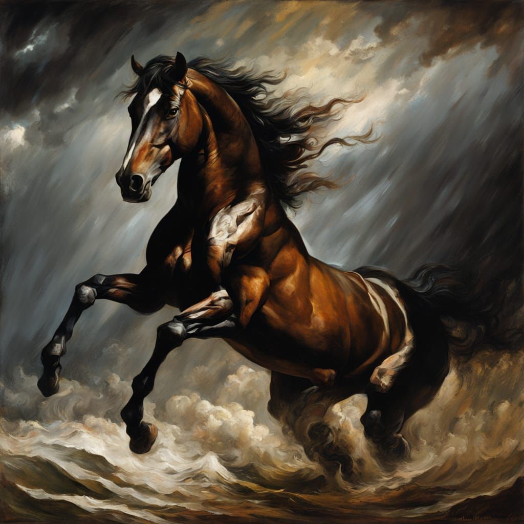 Horse Confronts Turbulent Storm in Dark Romanticism Style