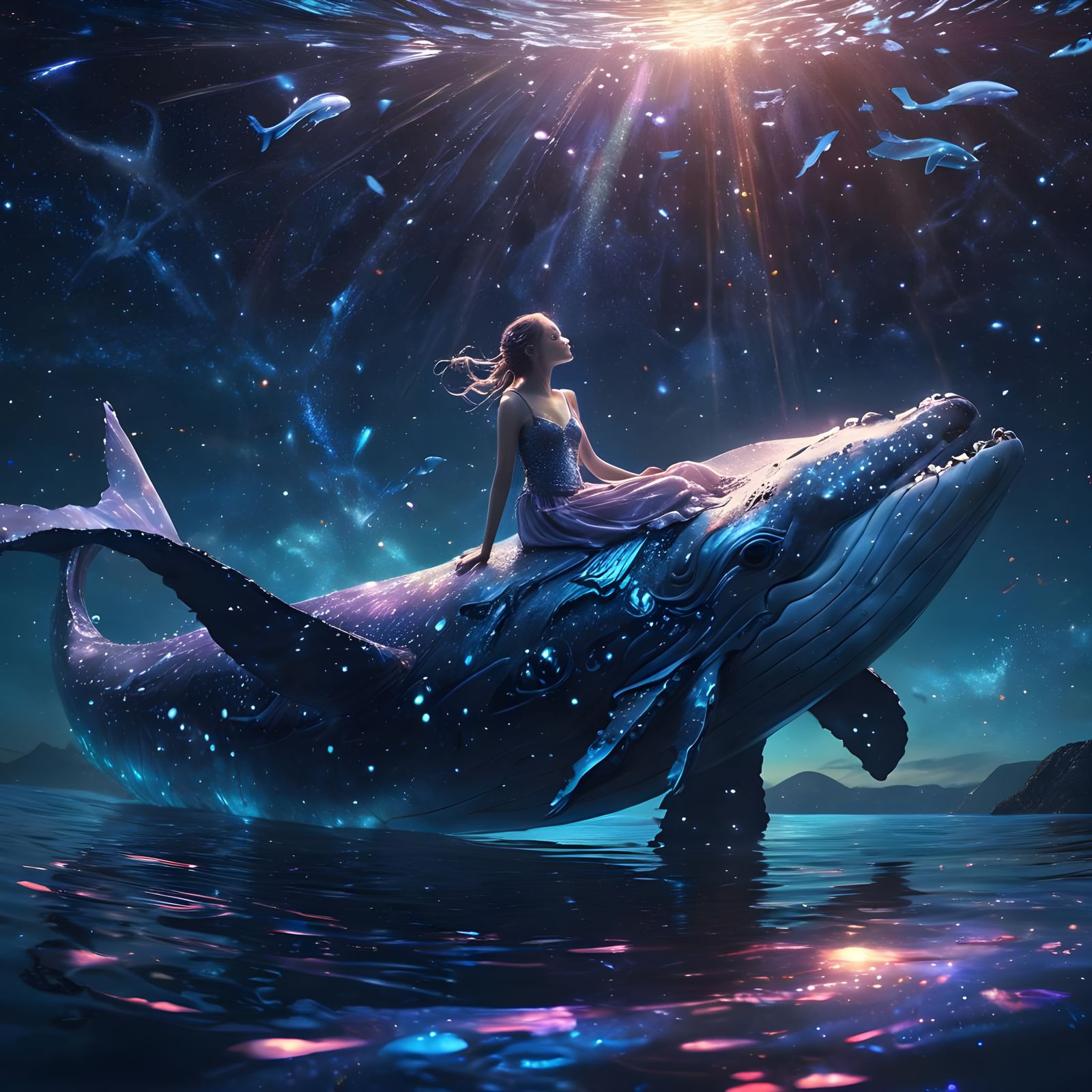 Fairy Stargazing on Whale in Sparkling Space