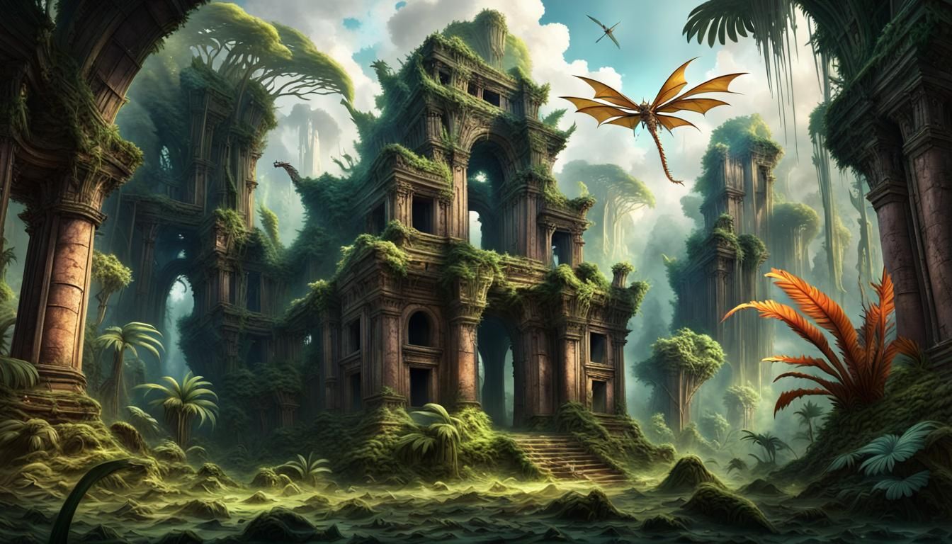 Tropical Rainforest Temple Ruins with Dragon