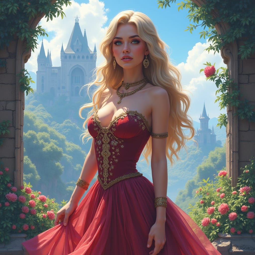 Woman in Vibrant Fantasy Landscape, Detailed Matte Painting