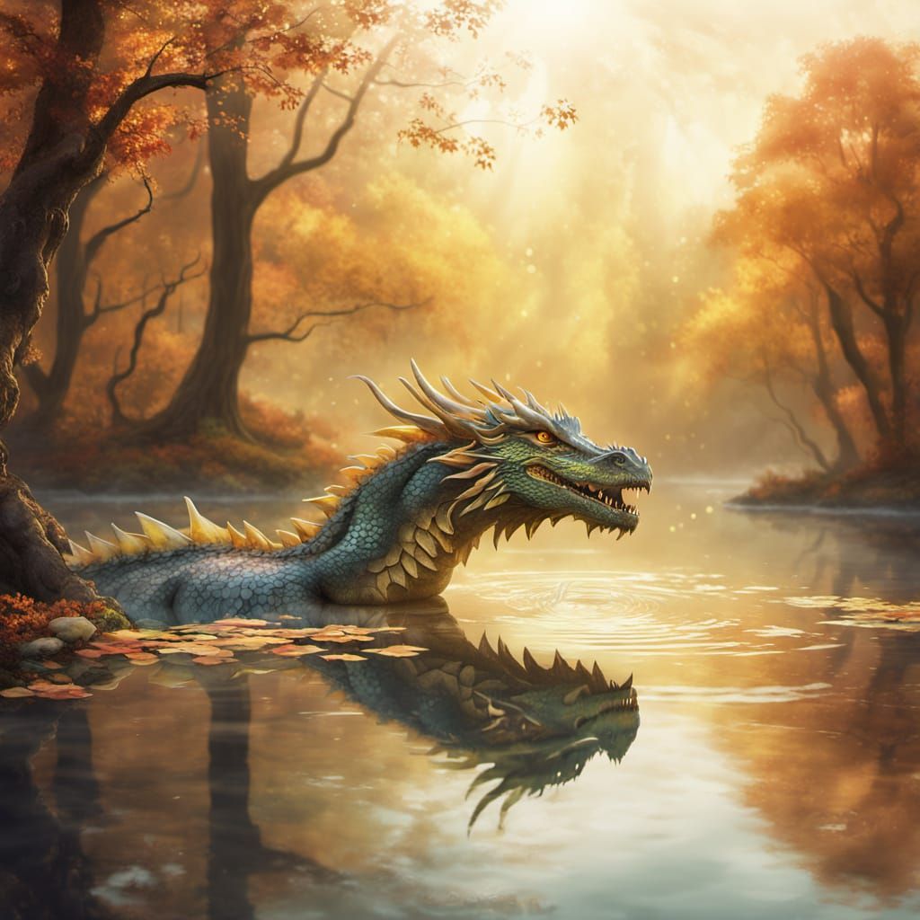 Eastern Dragon in Autumn Pond: Watercolor Fantasy Art