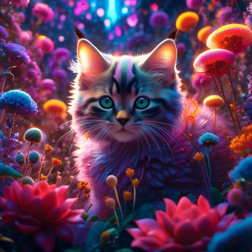 Psychedelic Moonlit Kitten in Abstract Garden