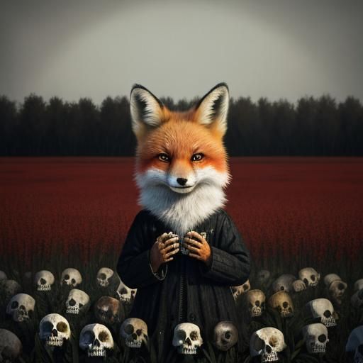 Crying Fox with Heart in Skull Field