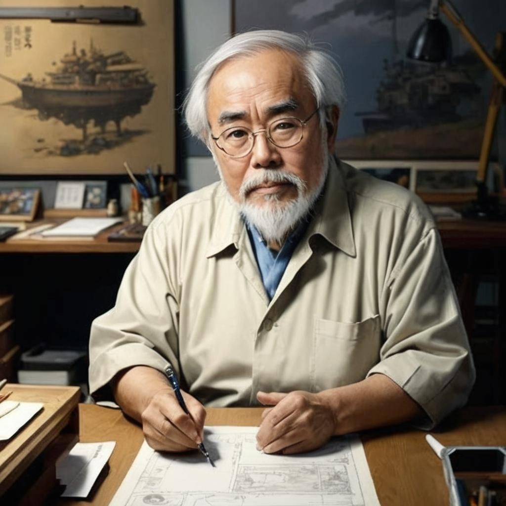 Hyperrealistic Portrait of Hayao Miyazaki in Anime Studio