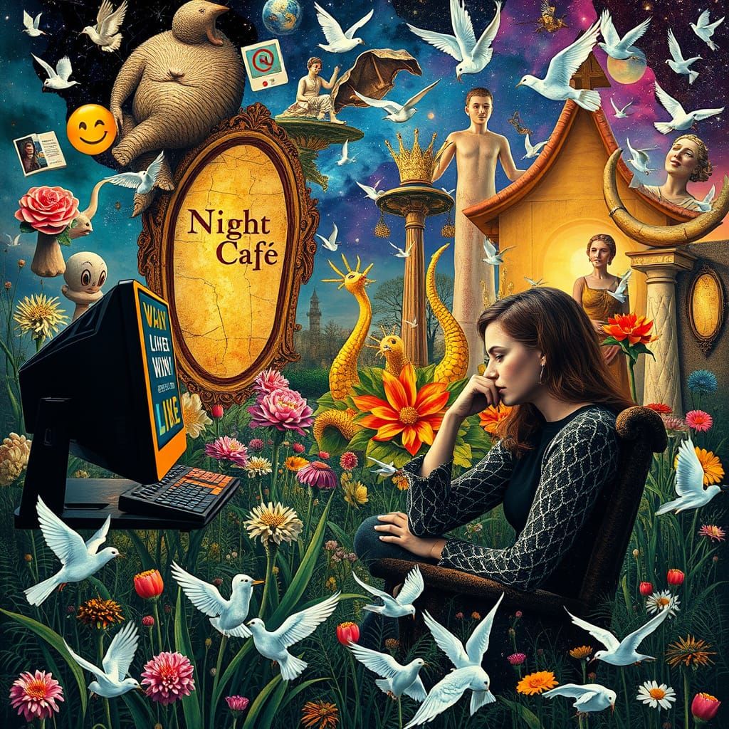 Surreal Garden Party Dream with Woman at Computer