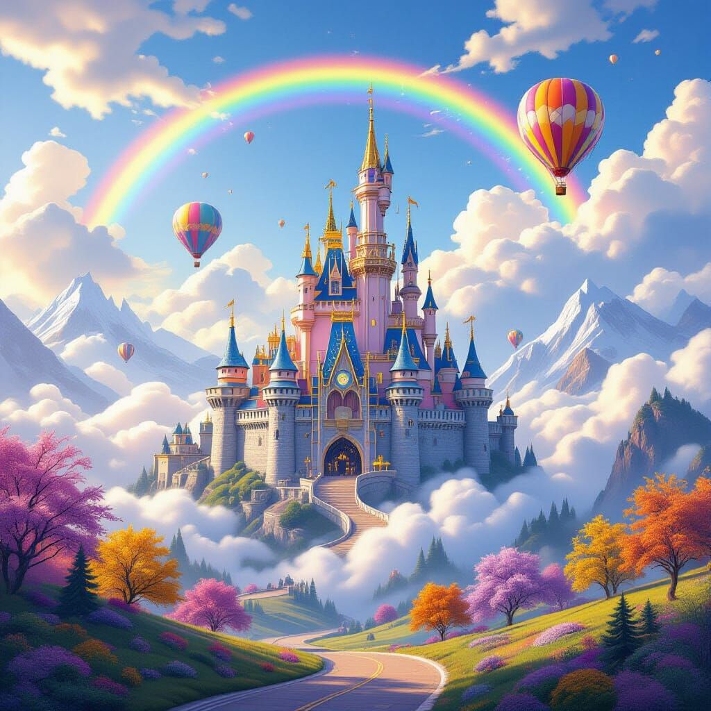 Majestic Castle Floating in Clouds with Rainbow Sky