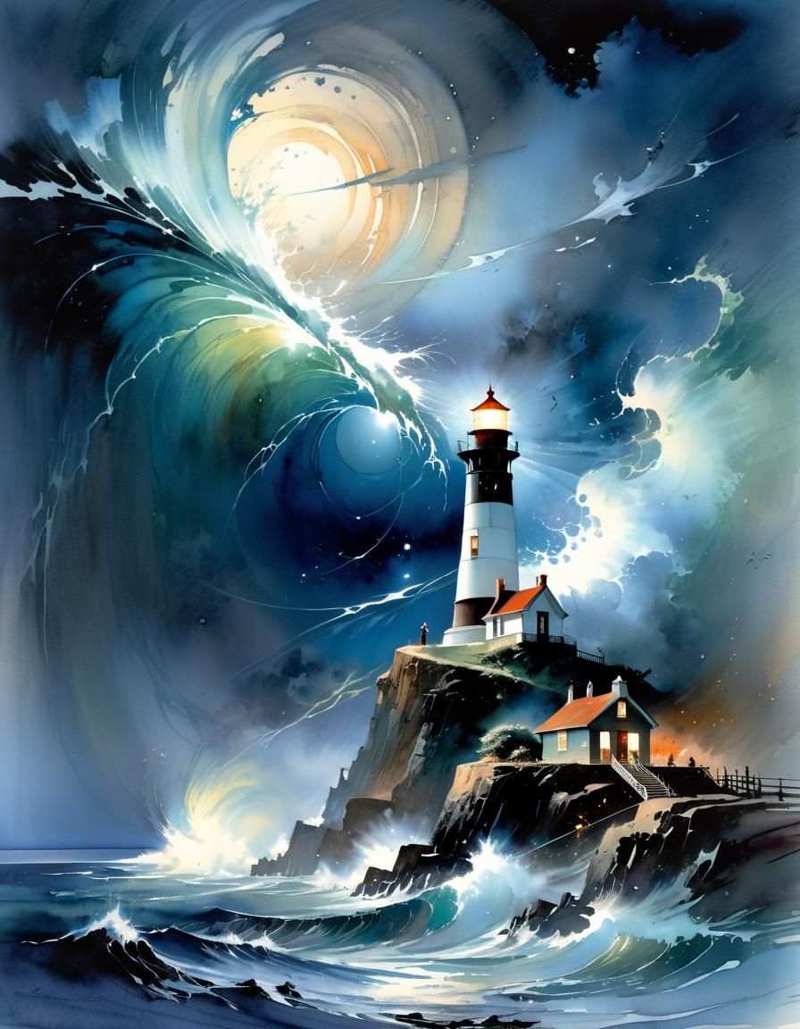 Lighthouse in Ocean Storm, Watercolor Art