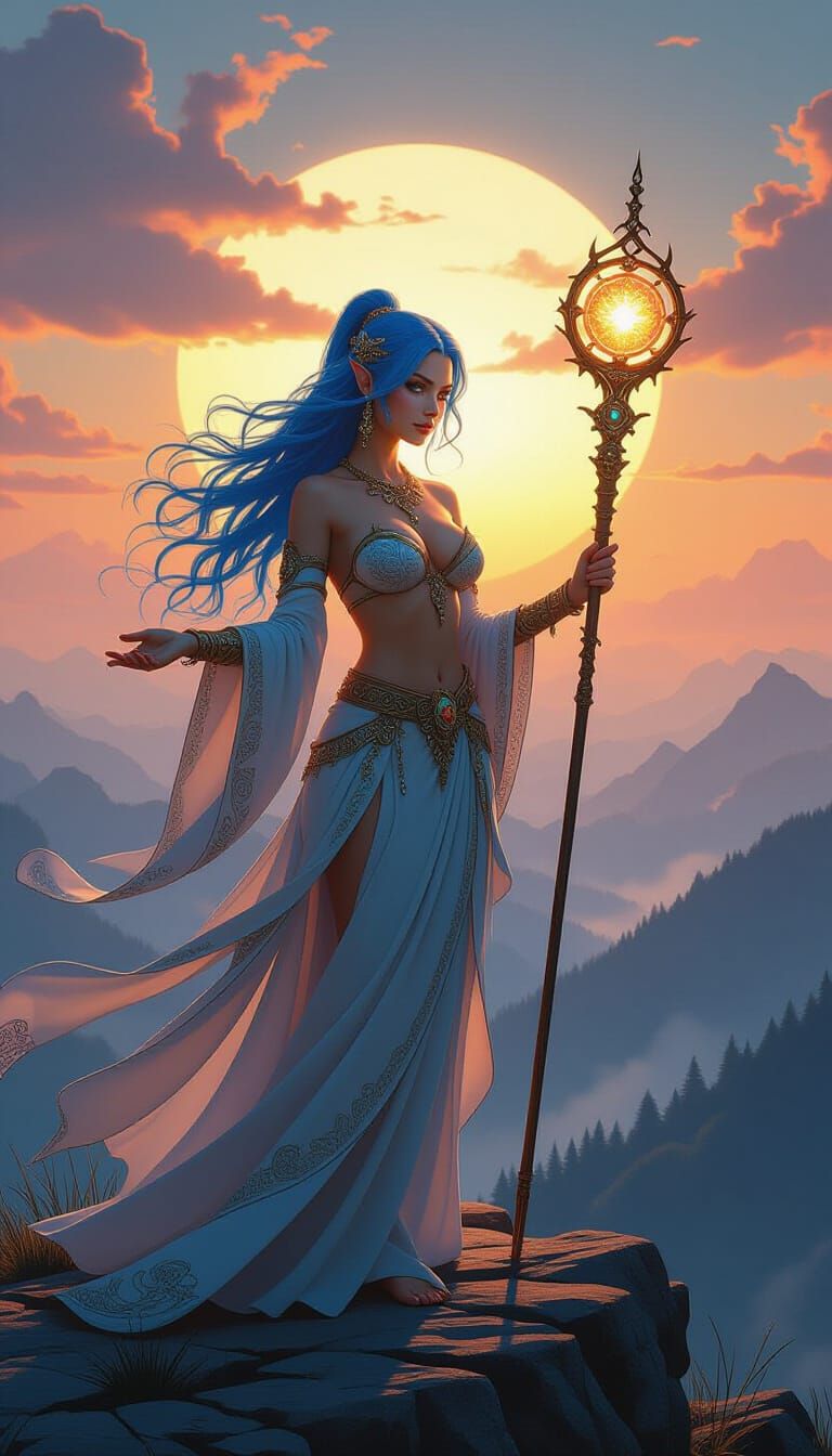 Sorceress on Windswept Peak in Hyperrealistic Style
