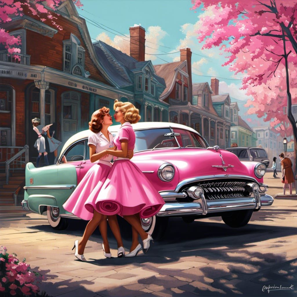 Girls Kissing in 1950s Style Concept Art